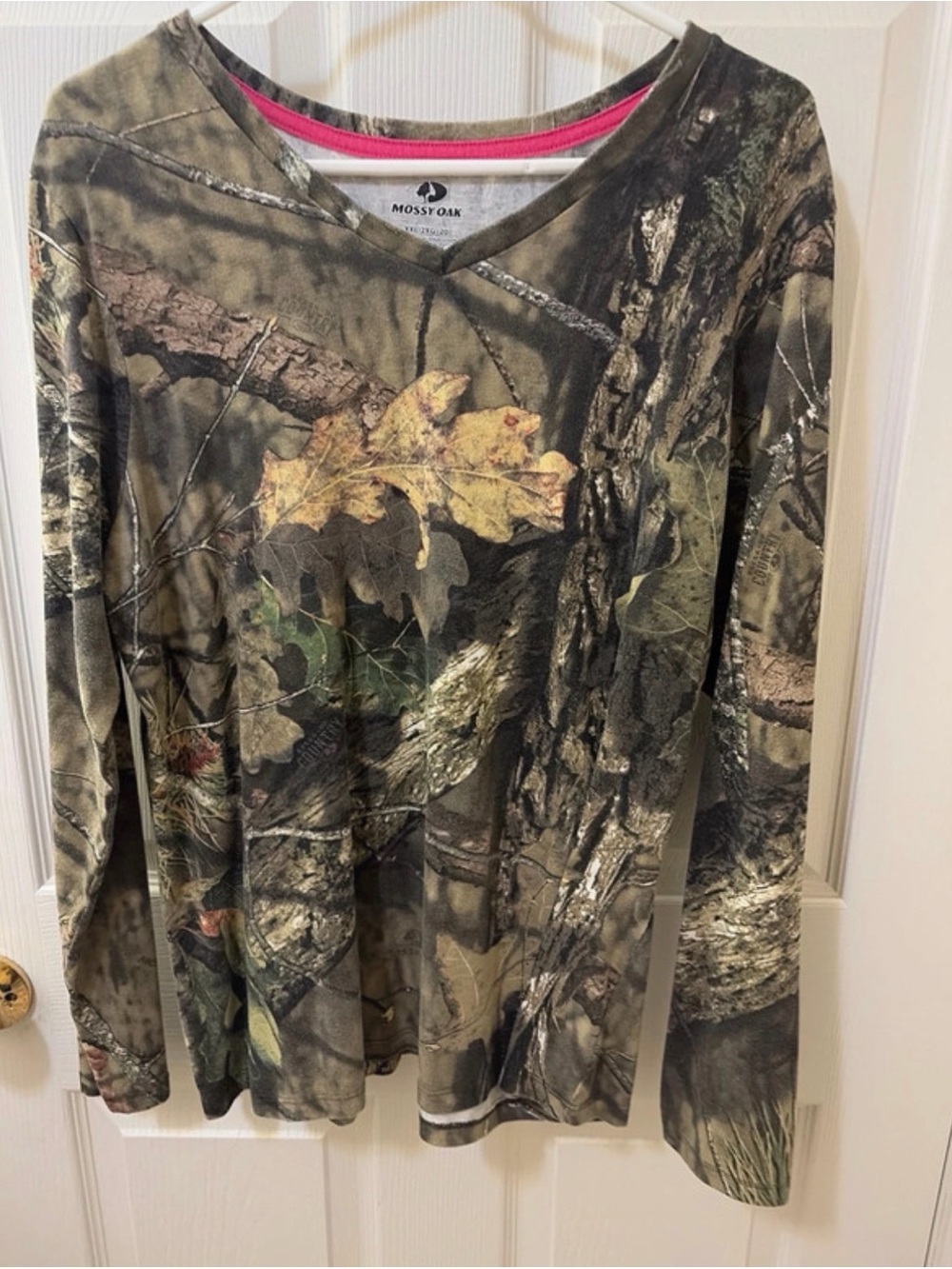 Mossy Oak Women's Woodland Camo Long Sleeve Top with Pink Trim